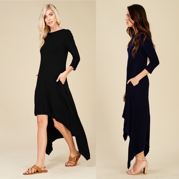 High Low Dress With 3/4 Sleeves and Side Pockets - Picture 3 of 3